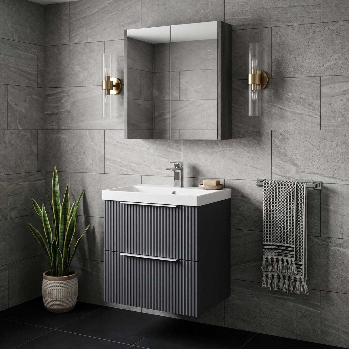 [BFFF1492D] Tixall Fluted 2 Drawer Wall Hung Vanity Unit with Thin Edge Basin - Choice of Size and Colour