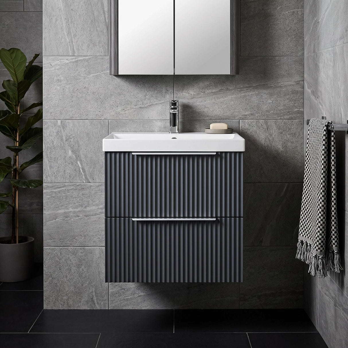[BFFF1492D] Tixall Fluted 2 Drawer Wall Hung Vanity Unit with Thin Edge Basin - Choice of Size and Colour - Silo