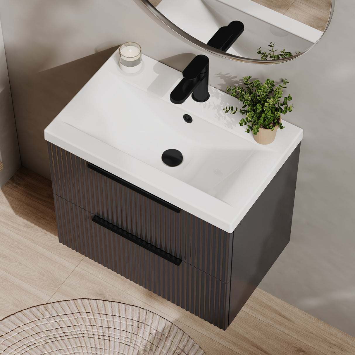 Fluted Front Wall Hung Vanity Basin Unit with Choice of Size, Colour and Handle Options