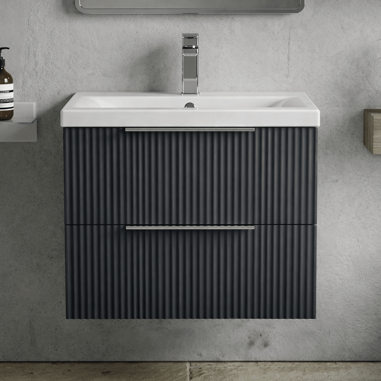 [BFFF1493A] Tixall Fluted Front Wall Hung Vanity Basin Unit with Choice of Size, Colour and Handle Options - Silo