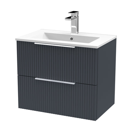 [BFFF1493B] Tixall Fluted 2 Drawer Wall Hung Vanity Unit with Minimalist Basin, Dark Grey, 600mm - Cutout