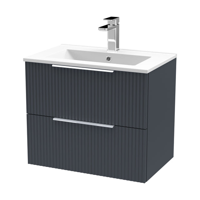 [BFFF1493B] Tixall Fluted 2 Drawer Wall Hung Vanity Unit with Minimalist Basin, Dark Grey, 600mm - Cutout
