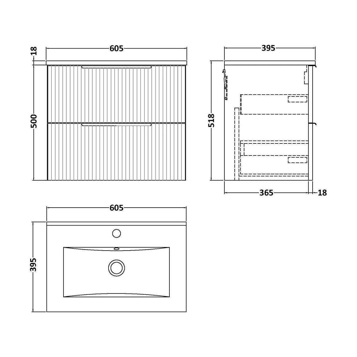 [BFFF1493B] Tixall Fluted 2 Drawer Wall Hung Vanity Unit with Minimalist Basin - Choice of Size and Colour - Technical Drawing