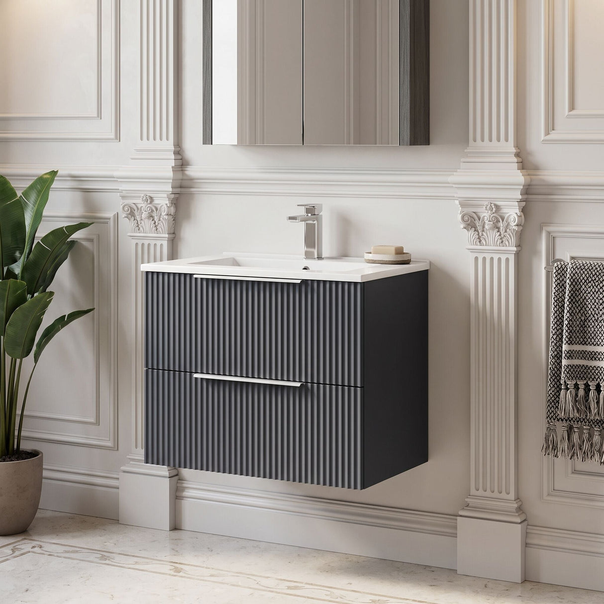 [BFFF1493B] Tixall Fluted 2 Drawer Wall Hung Vanity Unit with Minimalist Basin - Choice of Size and Colour
