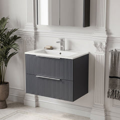 [BFFF1493B] Tixall Fluted 2 Drawer Wall Hung Vanity Unit with Minimalist Basin - Choice of Size and Colour