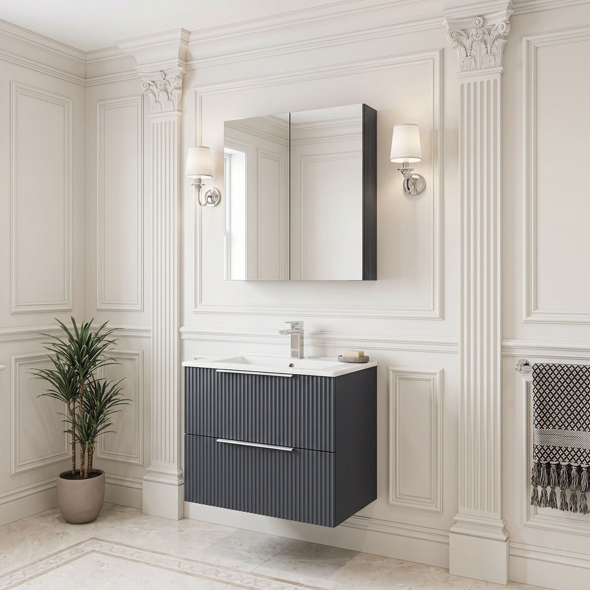 [BFFF1493B] Tixall Fluted 2 Drawer Wall Hung Vanity Unit with Minimalist Basin - Choice of Size and Colour