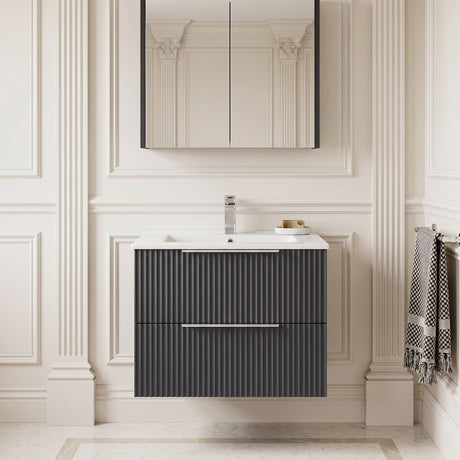 [BFFF1493B] Tixall Fluted 2 Drawer Wall Hung Vanity Unit with Minimalist Basin - Choice of Size and Colour - Silo