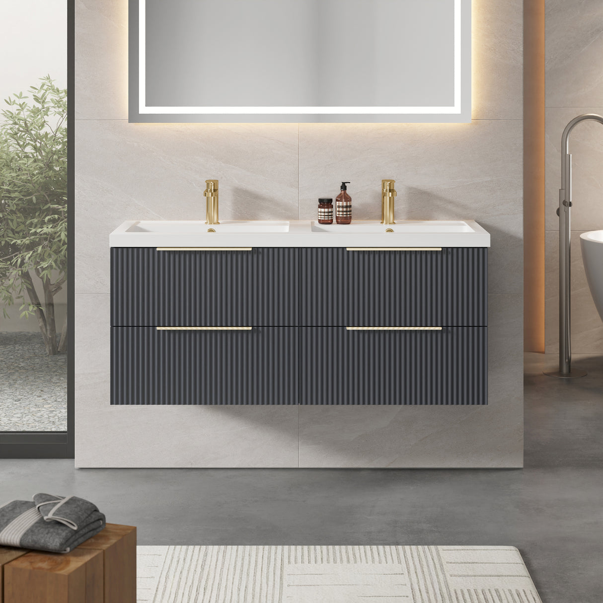 Fluted Front Wall Hung Vanity Basin Unit with Choice of Size, Colour and Handle Options