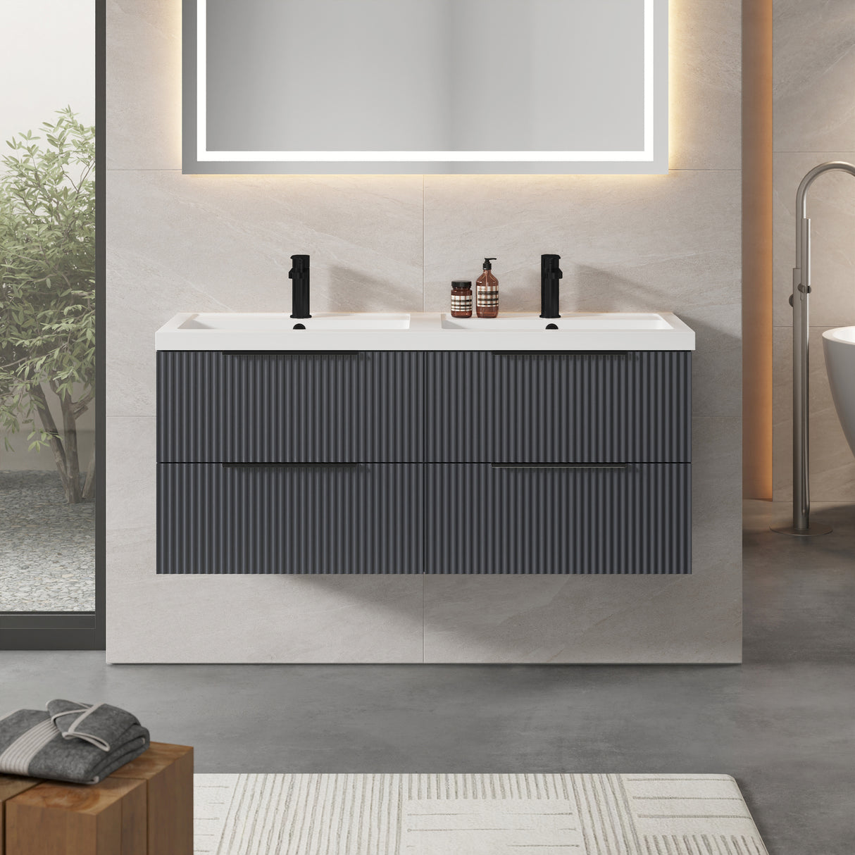 Fluted Front Wall Hung Vanity Basin Unit with Choice of Size, Colour and Handle Options
