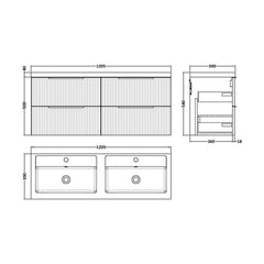 [BFFF1493C] Tixall Fluted Front Wall Hung Vanity Basin Unit with Choice of Size, Colour and Handle Options - Technical Drawing