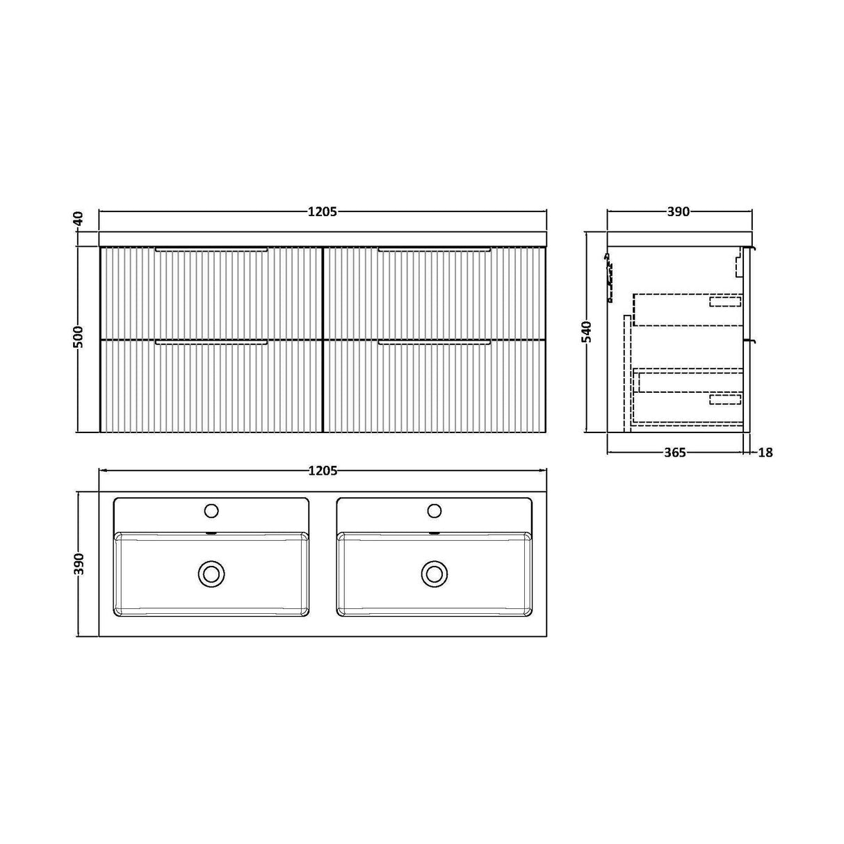 [BFFF1493C] Tixall Fluted Front Wall Hung Vanity Basin Unit with Choice of Size, Colour and Handle Options - Technical Drawing