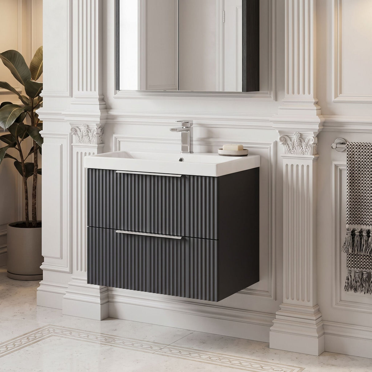 [BFFF1493D] Tixall Fluted 2 Drawer Wall Hung Vanity Unit with Thin Edge Basin - Choice of Size and Colour