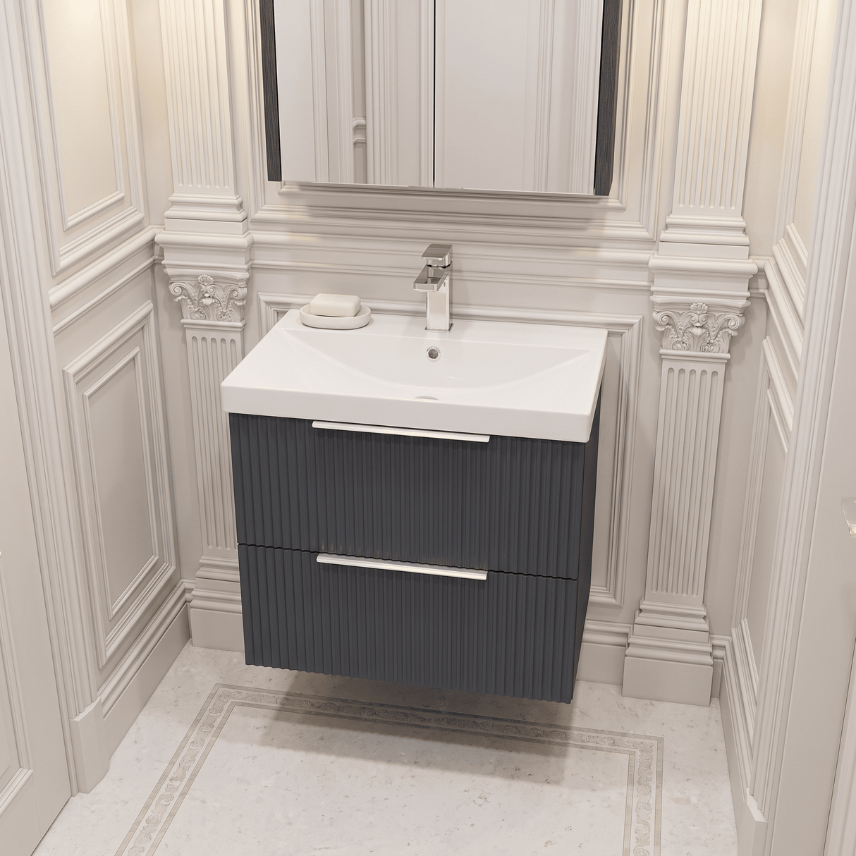 [BFFF1493D] Tixall Fluted 2 Drawer Wall Hung Vanity Unit with Thin Edge Basin - Choice of Size and Colour