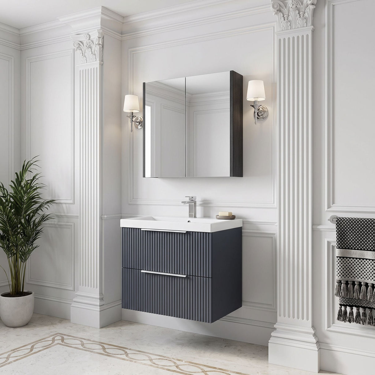 [BFFF1493D] Tixall Fluted 2 Drawer Wall Hung Vanity Unit with Thin Edge Basin - Choice of Size and Colour
