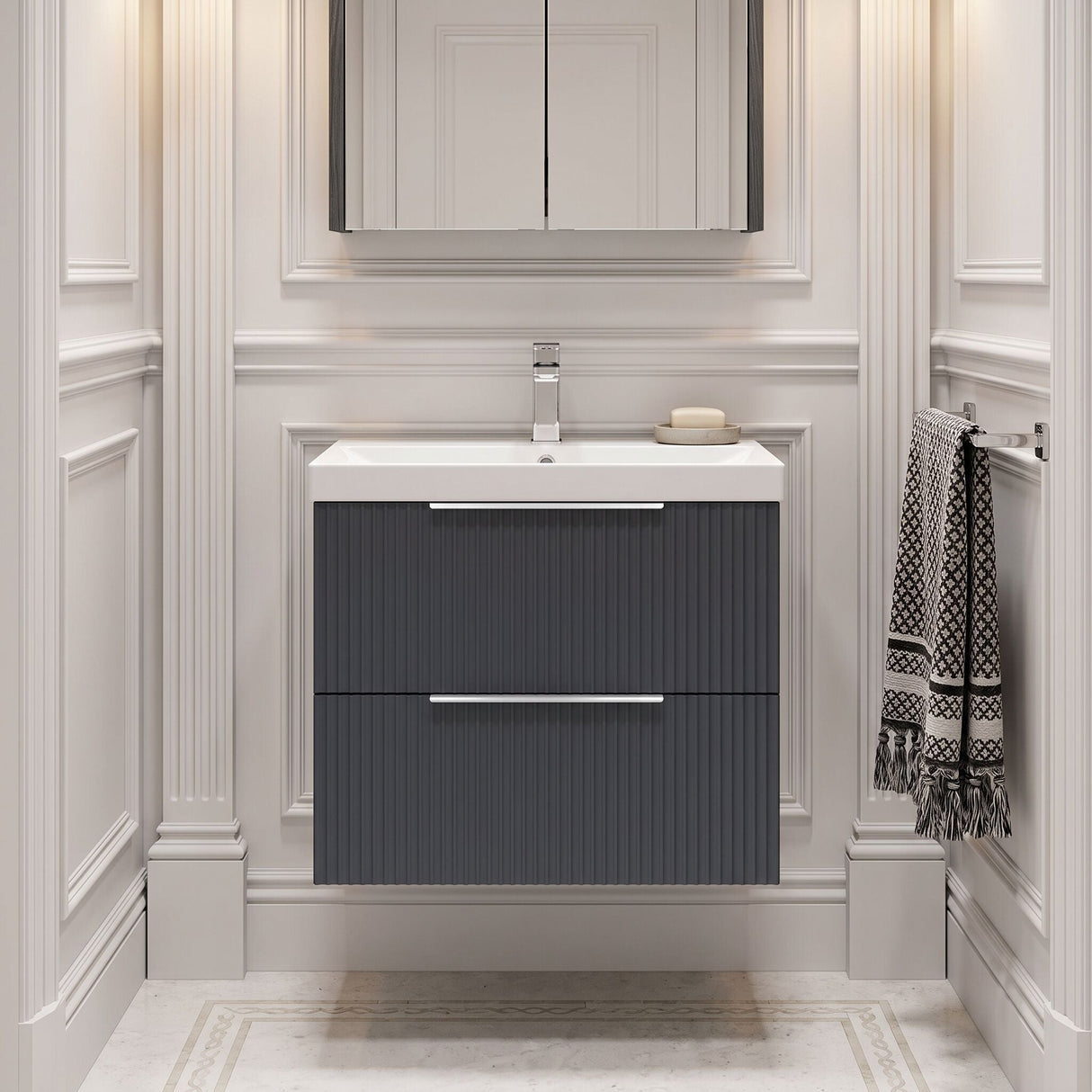 [BFFF1493D] Tixall Fluted 2 Drawer Wall Hung Vanity Unit with Thin Edge Basin - Choice of Size and Colour - Silo