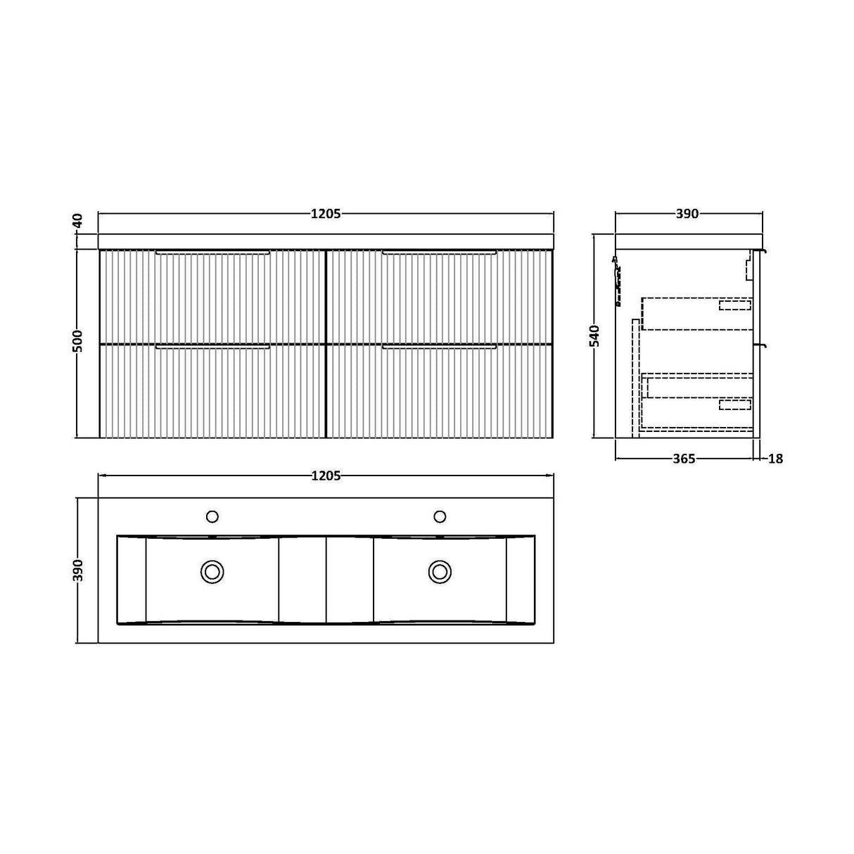 [BFFF1493F] Tixall Fluted 4 Drawer Wall Hung Vanity Unit with Double Basin - Choice of Colour - Technical Drawing