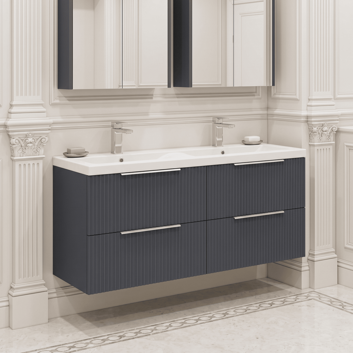 [BFFF1493F] Tixall Fluted 4 Drawer Wall Hung Vanity Unit with Double Basin - Choice of Colour
