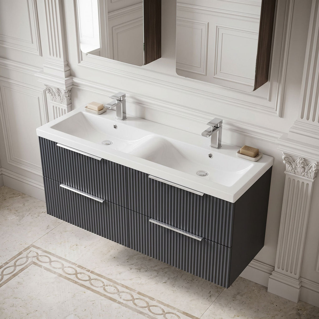 [BFFF1493F] Tixall Fluted 4 Drawer Wall Hung Vanity Unit with Double Basin - Choice of Colour