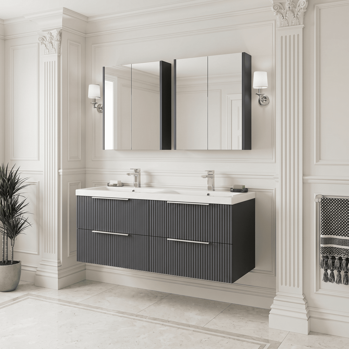 [BFFF1493F] Tixall Fluted 4 Drawer Wall Hung Vanity Unit with Double Basin - Choice of Colour