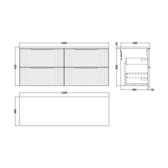 [BFFF1493LBG2] Tixall Fluted 4 Drawer Wall Hung Vanity Unit with Bellato Grey Laminate Worktop - Choice of Colour - Technical Drawing