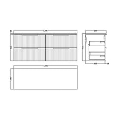[BFFF1493W2] Tixall Fluted 4 Drawer Wall Hung Vanity Unit with Worktop - Choice of Colour - Technical Drawing
