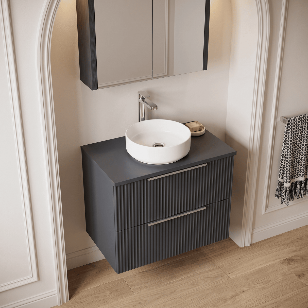 [BFFF1493W] Tixall Fluted 2 Drawer Wall Hung Vanity Unit with Worktop - Choice of Size and Colour