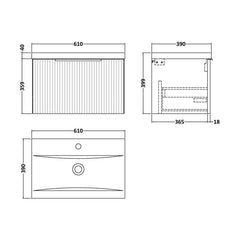 [BFFF1494A] Tixall Fluted Front Wall Hung Vanity Basin Unit with Choice of Size, Colour and Handle Options - Technical Drawing