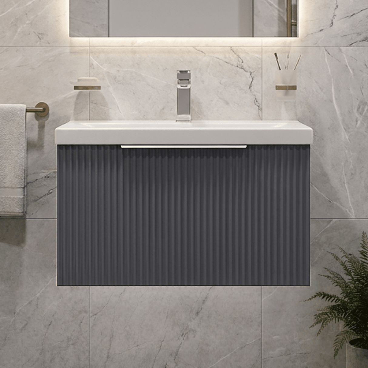 [BFFF1494A] Tixall Fluted Front Wall Hung Vanity Basin Unit with Choice of Size, Colour and Handle Options - Silo