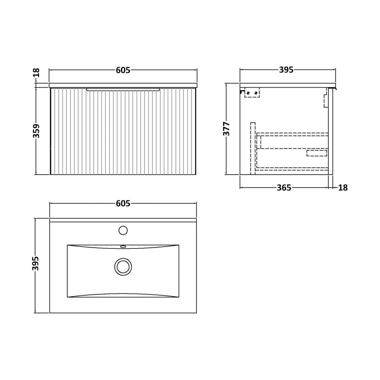 [BFFF1494B] Tixall 1 Drawer Wall Hung Vanity Basin Unit with 1 Tap Hole Minimalist Ceramic Basin, Choice of Size and Colour - Technical Drawing