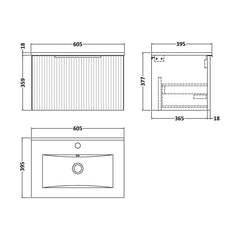 [BFFF1494B] Tixall 1 Drawer Wall Hung Vanity Basin Unit with 1 Tap Hole Minimalist Ceramic Basin, Choice of Size and Colour - Technical Drawing