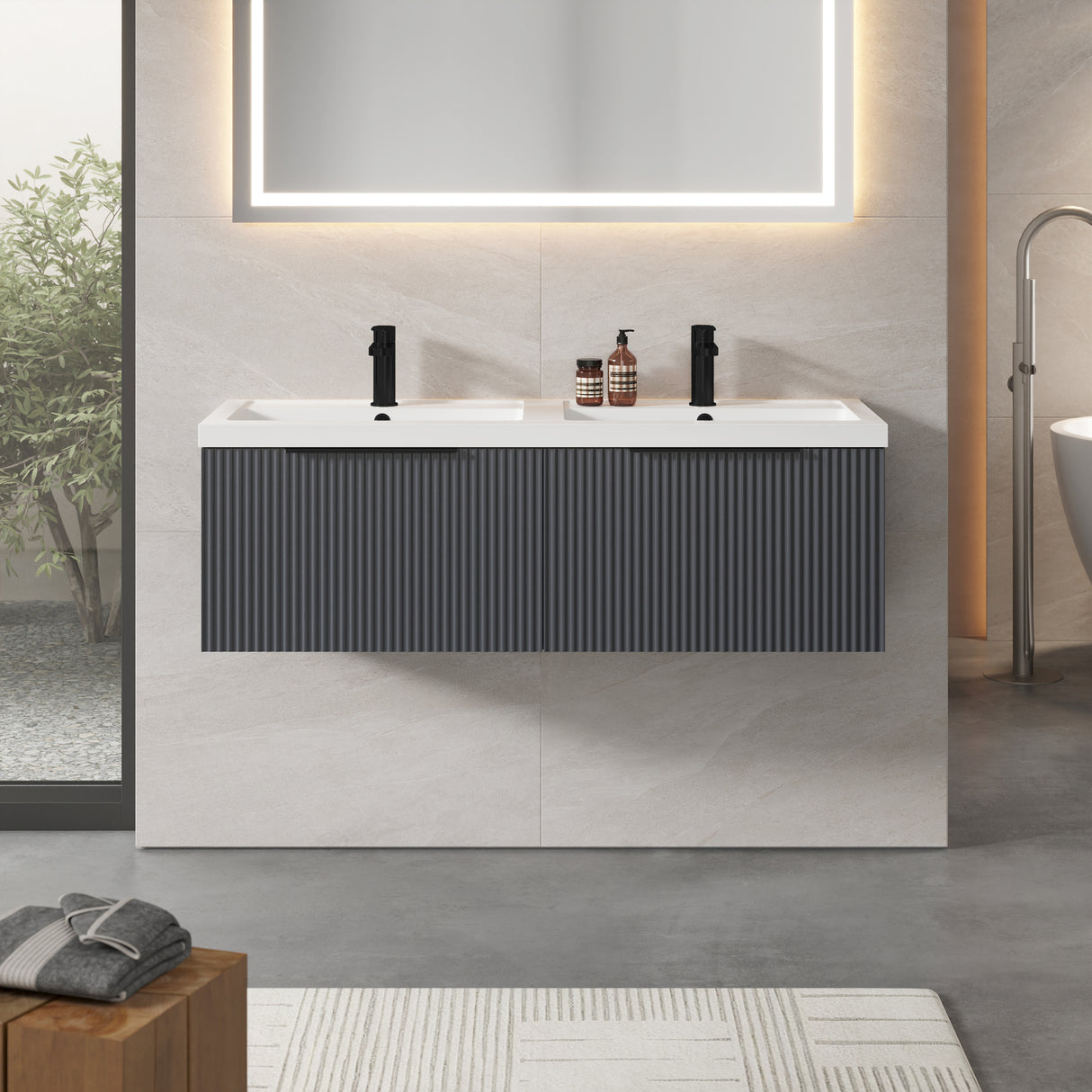 Fluted Front Wall Hung Vanity Basin Unit with Choice of Size, Colour and Handle Options