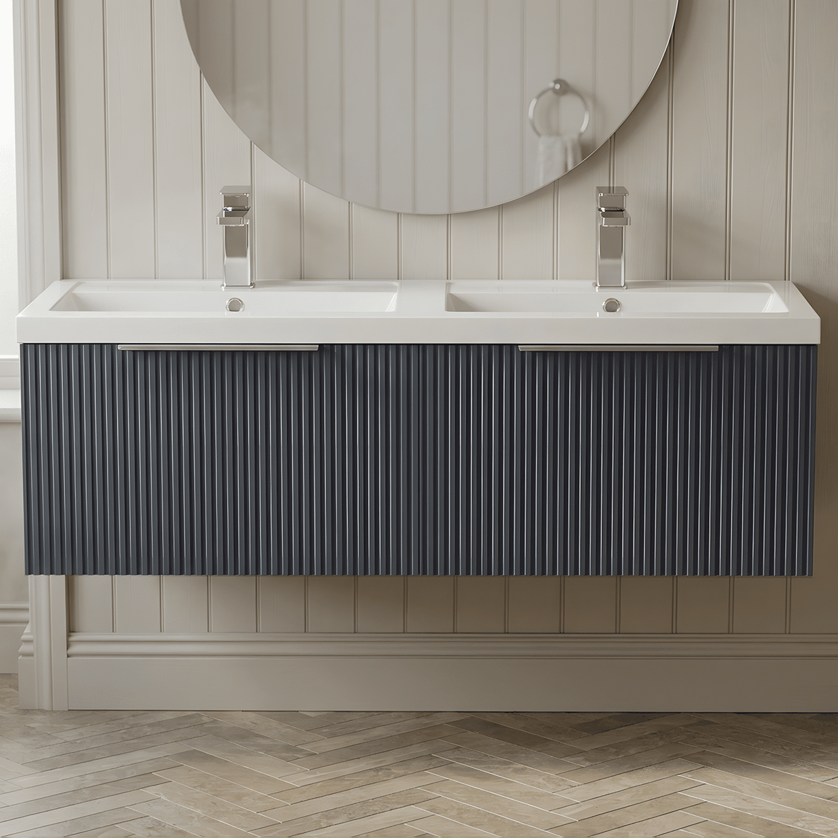 [BFFF1494C] Tixall Fluted Front Wall Hung Vanity Basin Unit with Choice of Size, Colour and Handle Options - Silo