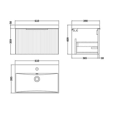 [BFFF1494D] Tixall Fluted 1 Drawer Wall Hung Vanity Unit with Thin Edge Basin, Dark Grey, 600mm - Technical Drawing