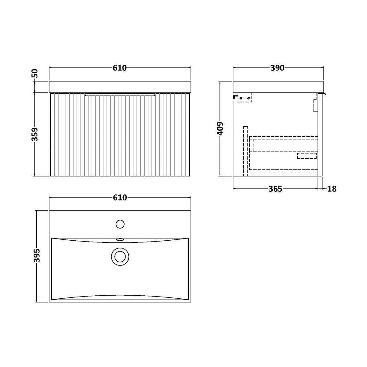 [BFFF1494D] Tixall 1 Drawer Wall Hung Vanity Basin Unit with 1 Tap Hole Thin-Edge Ceramic Basin, Choice of Size and Colour - Technical Drawing