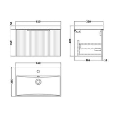 [BFFF1494D] Tixall 1 Drawer Wall Hung Vanity Basin Unit with 1 Tap Hole Thin-Edge Ceramic Basin, Choice of Size and Colour - Technical Drawing