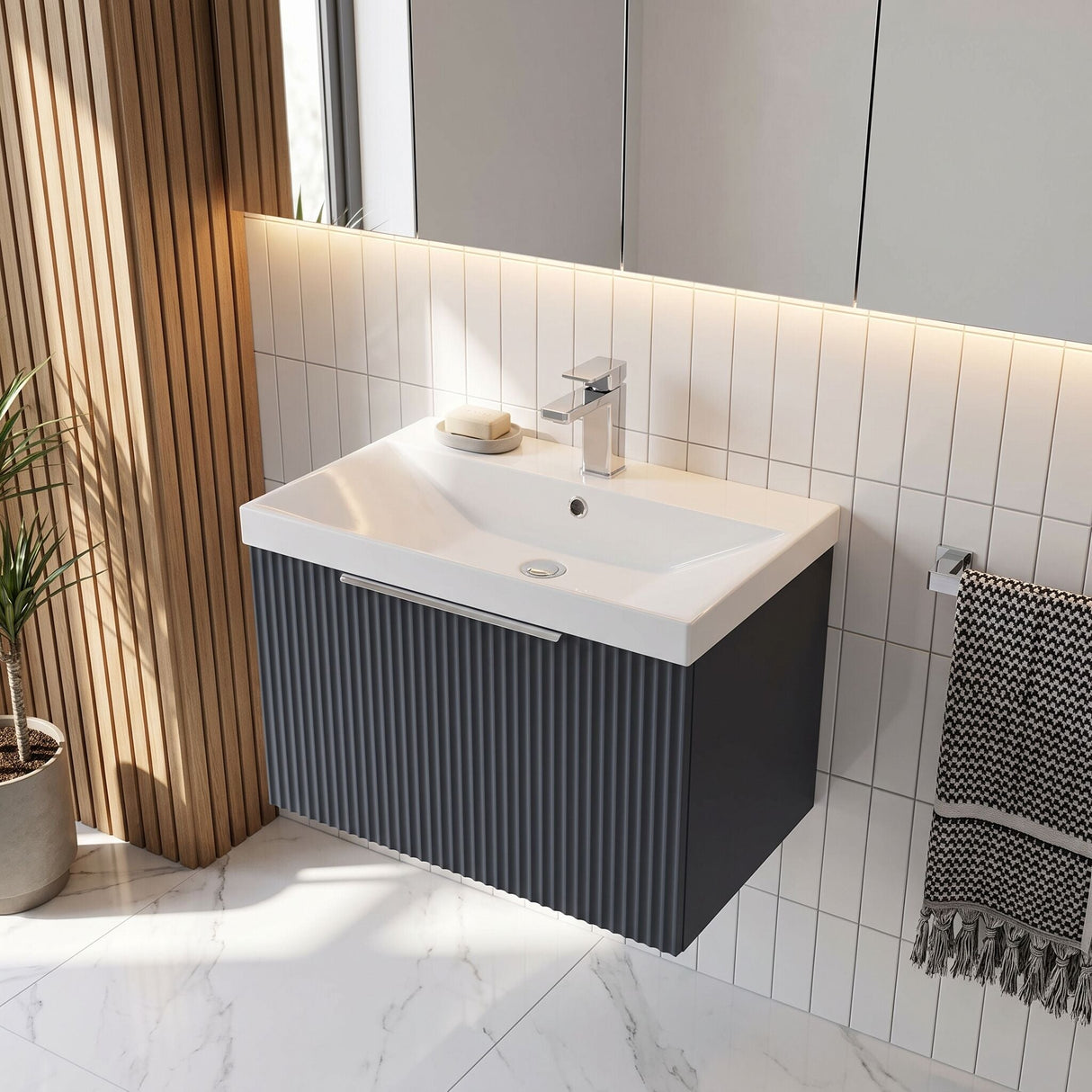 [BFFF1494D] Tixall 1 Drawer Wall Hung Vanity Basin Unit with 1 Tap Hole Thin-Edge Ceramic Basin, Choice of Size and Colour