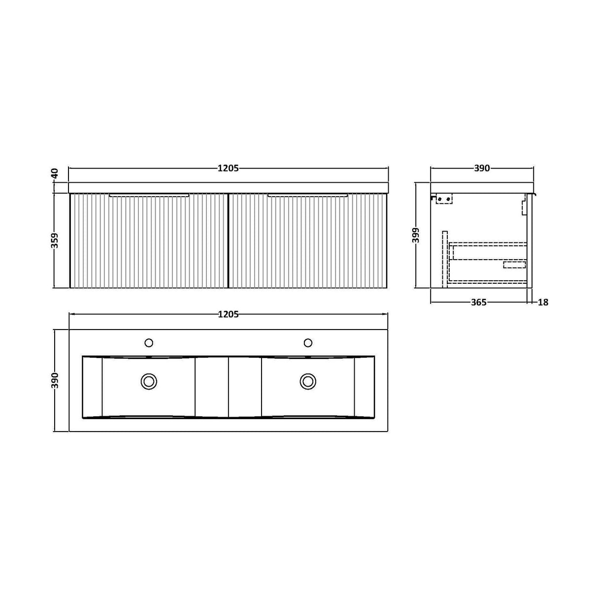 [BFFF1494F] Tixall Fluted 2 Drawer Wall Hung Vanity Unit with Double Basin - Choice of Colour - Technical Drawing