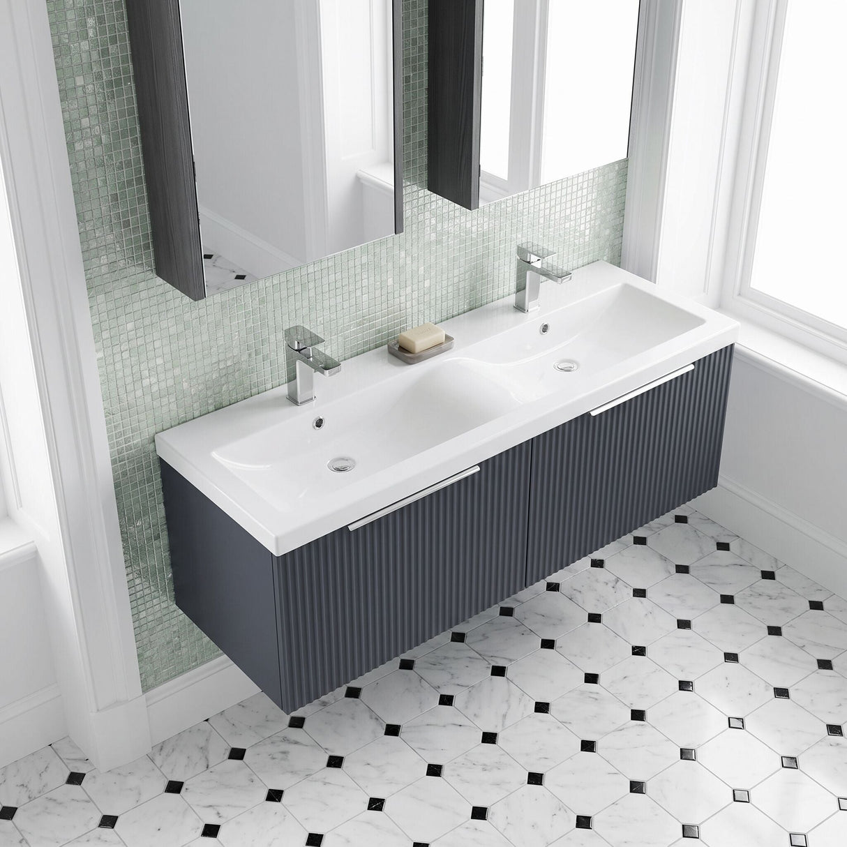 [BFFF1494F] Tixall Fluted 2 Drawer Wall Hung Vanity Unit with Double Basin - Choice of Colour