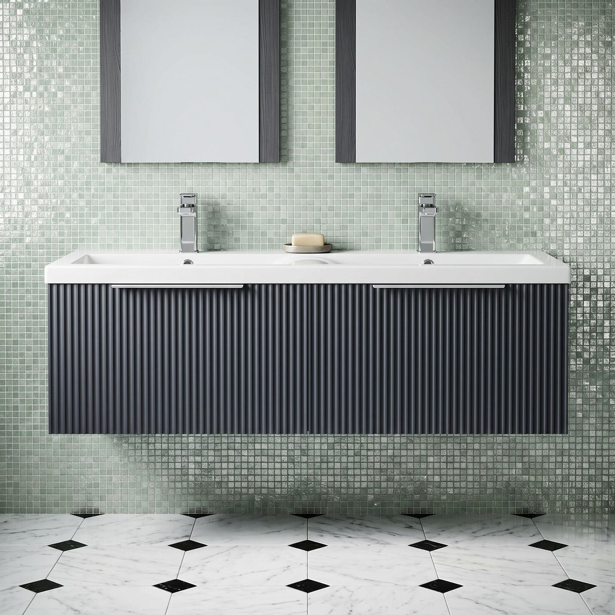[BFFF1494F] Tixall Fluted 2 Drawer Wall Hung Vanity Unit with Double Basin - Choice of Colour - Silo