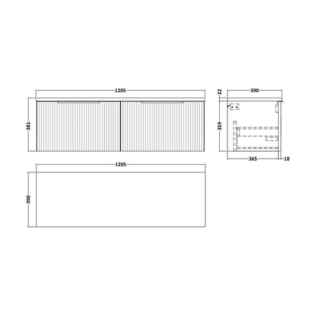 [BFFF1494LBG2] Tixall Fluted 2 Drawer Wall Hung Vanity Unit with Laminate Worktop, Dark Grey, 1200mm - Technical Drawing