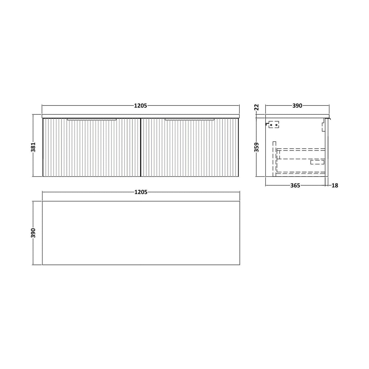 [BFFF1494LBG2] Tixall Fluted 2 Drawer Wall Hung Vanity Unit with Bellato Grey Laminate Worktop - Choice of Colour - Technical Drawing