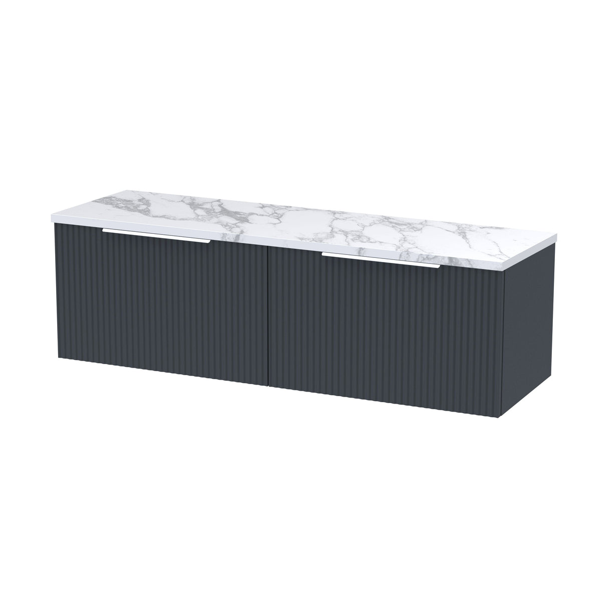 [BFFF1494LCM2] Tixall Fluted 2 Drawer Wall Hung Vanity Unit with Carrera Marble Laminate Worktop - Choice of Colour - Cutout