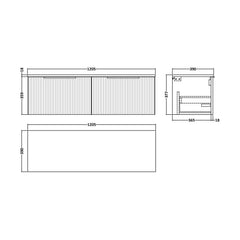 [BFFF1494W2] Tixall Fluted 2 Drawer Wall Hung Vanity Unit with Worktop - Choice of Colour - Technical Drawing