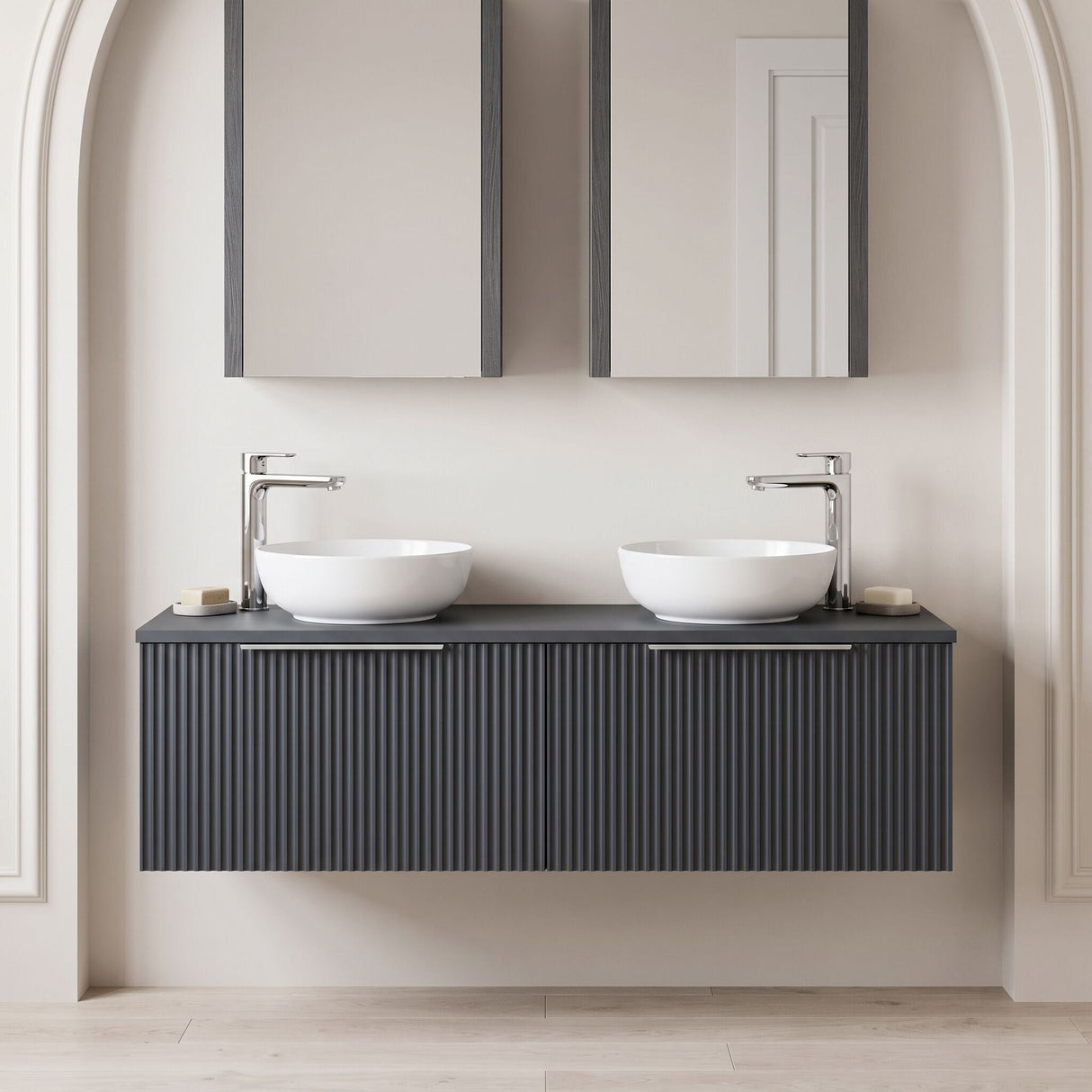 [BFFF1494W2] Tixall Fluted 2 Drawer Wall Hung Vanity Unit with Worktop - Choice of Colour - Silo