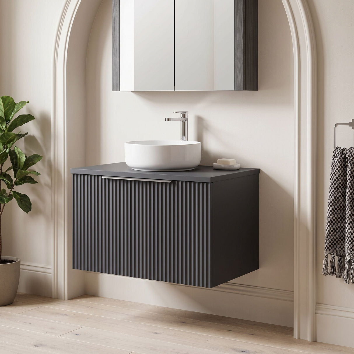 [BFFF1494W] Tixall Fluted 1 Drawer Wall Hung Vanity Unit with Worktop - Choice of Size and Colour