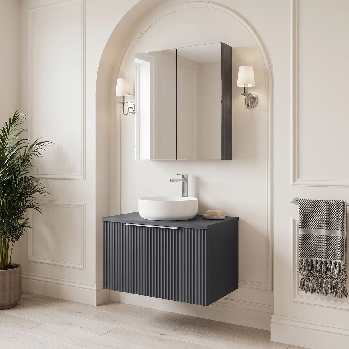 [BFFF1494W] Tixall Fluted 1 Drawer Wall Hung Vanity Unit with Worktop - Choice of Size and Colour