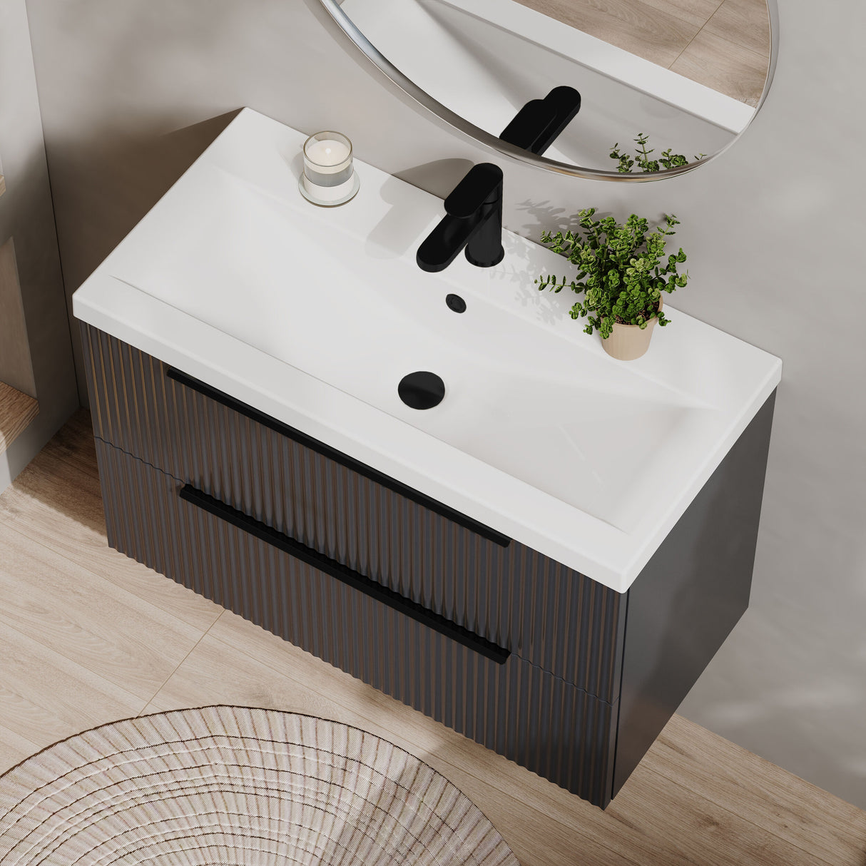 [BFFF1495AH226] Tixall Fluted Front Wall Hung Vanity Basin Unit 800mm - 2 Drawer - Lifestyle 2