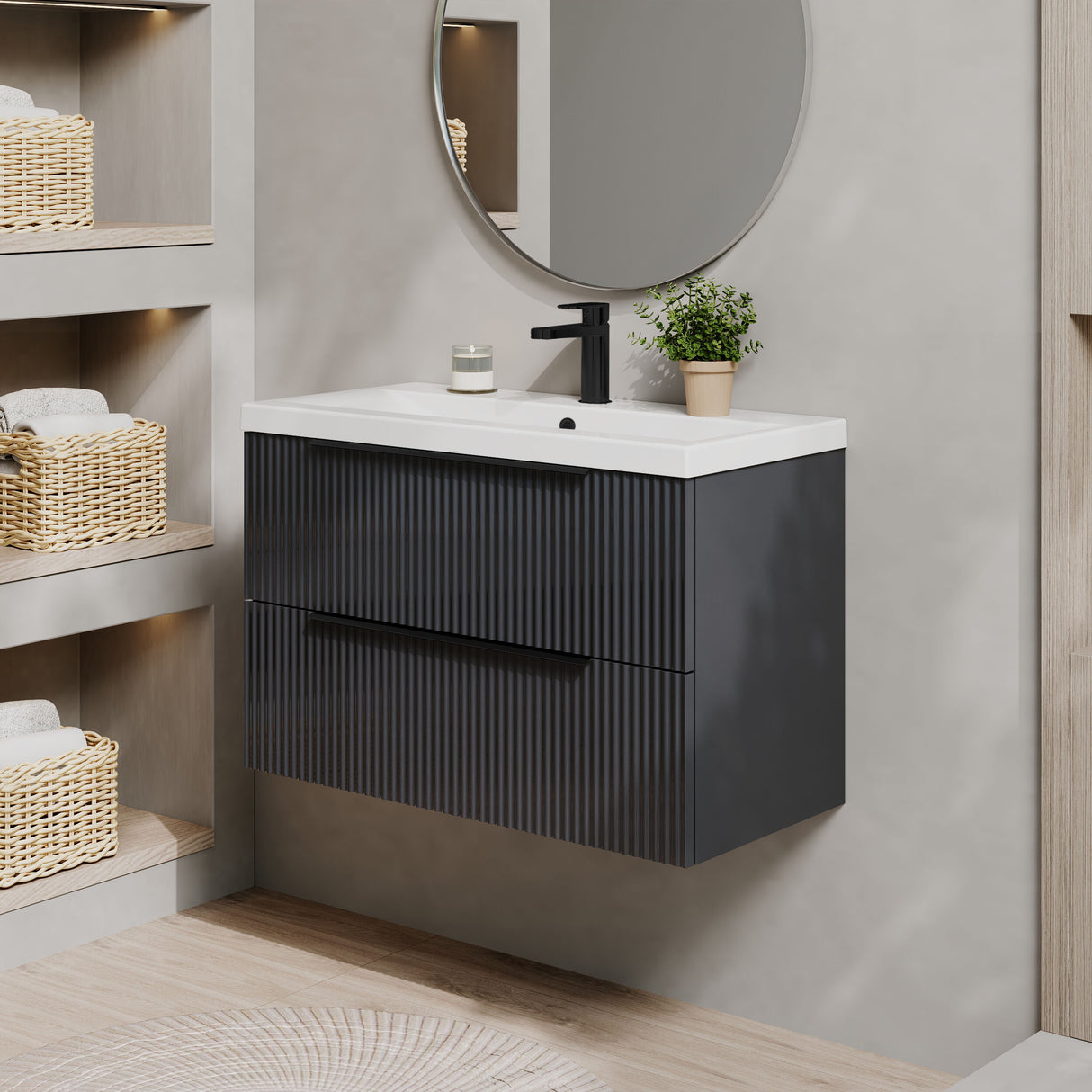 [BFFF1495AH226] Tixall Fluted Front Wall Hung Vanity Basin Unit 800mm - 2 Drawer - Lifestyle 3