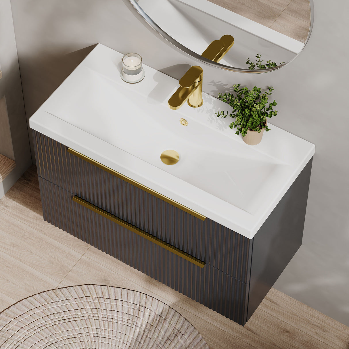 [BFFF1495AH326] Tixall Fluted Front Wall Hung Vanity Basin Unit 800mm - 2 Drawer - Lifestyle 2