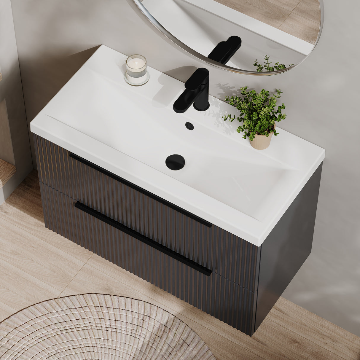 Fluted Front Wall Hung Vanity Basin Unit with Choice of Size, Colour and Handle Options